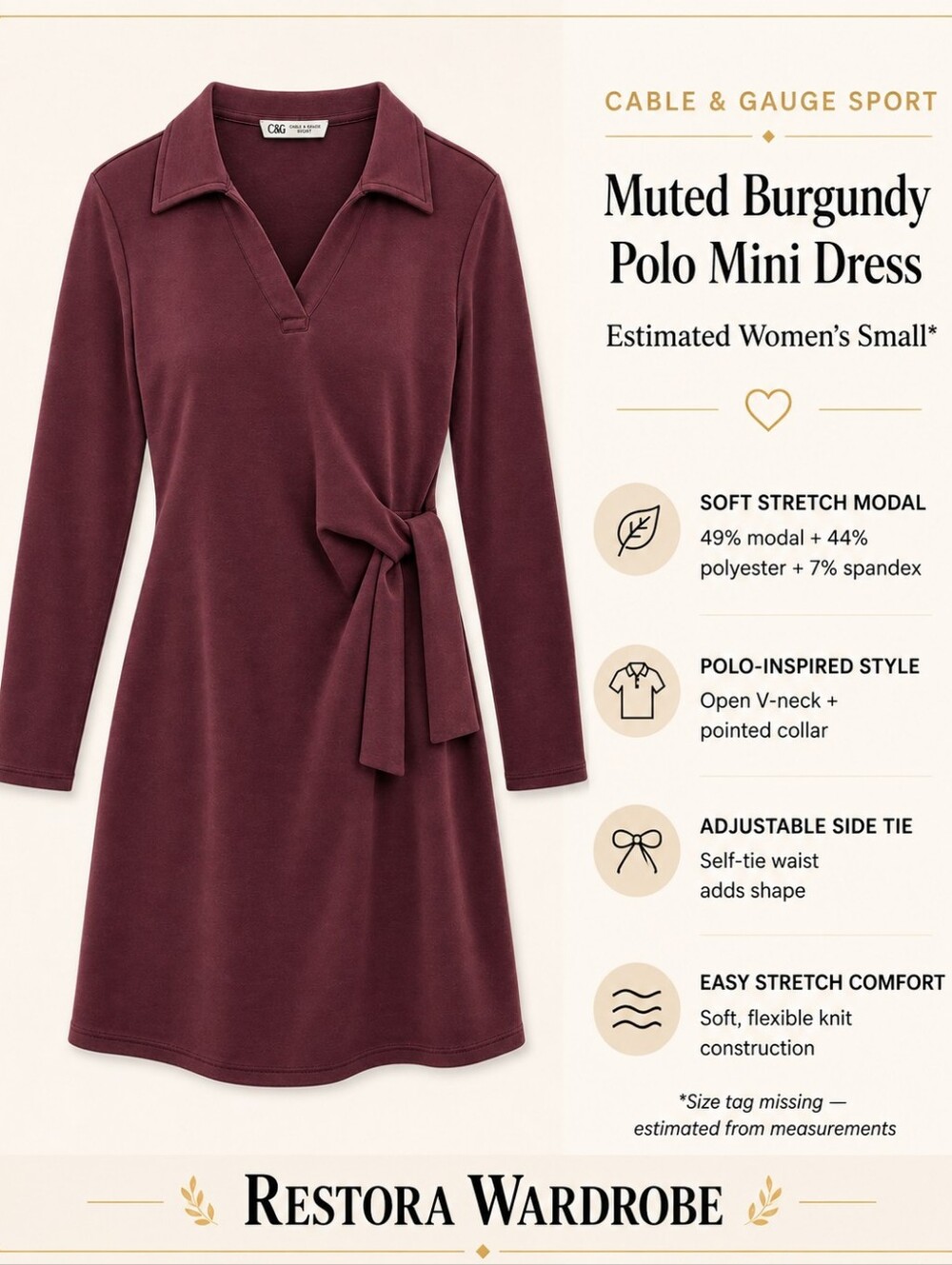 Cable & Gauge Sport Preppy Polo Mini Dress Side Tie Burgundy Stretch